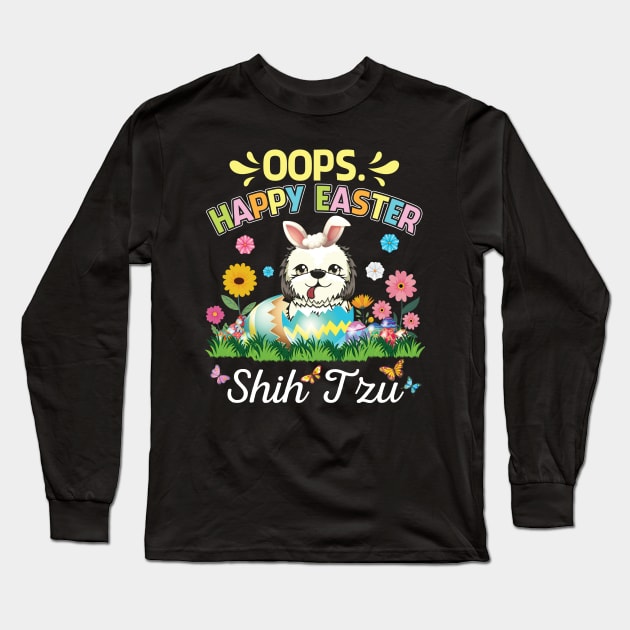 Shih Tzu Dog Bunny Costume Playing Flower Eggs Happy Easter Long Sleeve T-Shirt by DainaMotteut